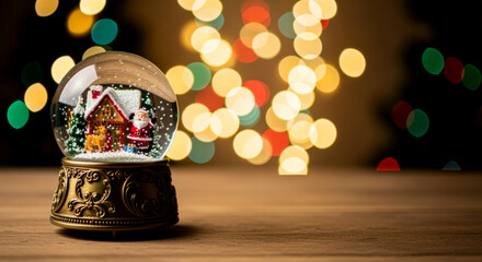 a snow globe with santa claus and a reindeer is standing on a wooden table
