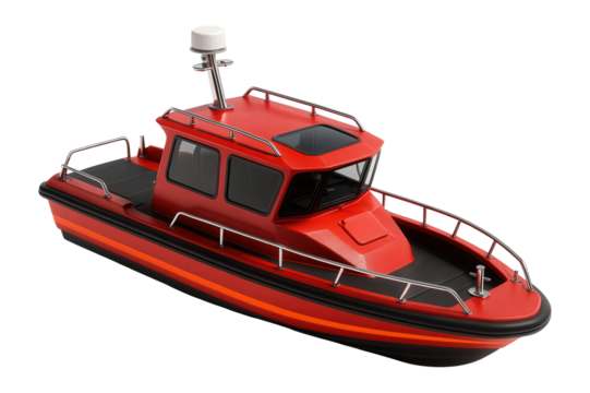 High-speed fire rescue vessel with enclosed cabin and radar mast