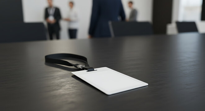 Blank identification badge with lanyard on a conference room table with business people networking in the background - Powered by Adobe