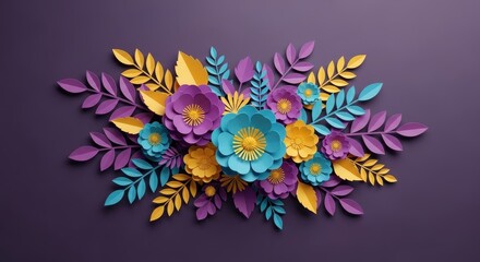 Paper Flowers and Leaves on Purple Background