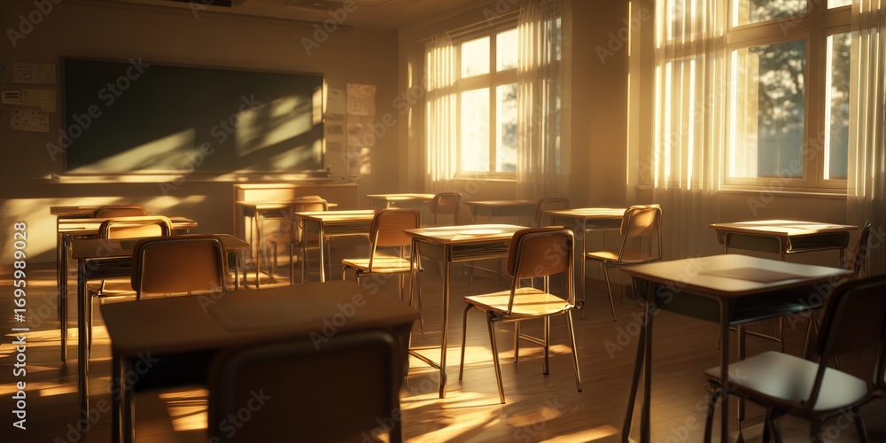 Poster spacious classroom with desks illuminated by soft sunlight, creating a warm and inviting learning en