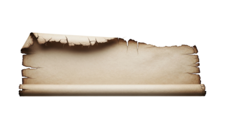 ancient sepia parchment fragment with weathered edge & translucent fibers, isolated on transparent background with copy space, soft studio light, sharp macro focus, concept of forgotten lore and