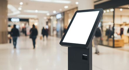 Interactive kiosk display with a blank white screen in a busy shopping mall, ideal for digital advertising and information