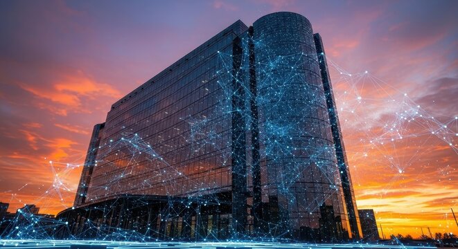 Modern Office Building with Digital Network Overlay at Sunset - Powered by Adobe