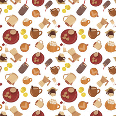 Cozy Coffee and Tea Seamless Pattern with Cups, Teapots and Sweets on White Background. Seamless pattern featuring coffee cups, teapots, tea bags, lemon slices, and sweet treats. Perfect for fabric