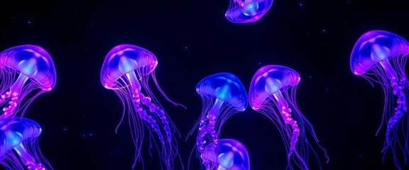 Electric purple, blue, and pink bioluminescent jellyfish pattern on a dark ocean background,  pink,  invertebrate
