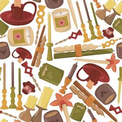 Cozy Candle Seamless Pattern with Holders and Decorative Details on White, Elegant candle pattern featuring various shapes, holders, and cozy details. Perfect for interior themes, wrapping paper, stat