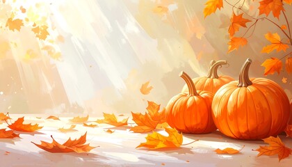 Autumnal Halloween Decoration Sunlit Pumpkins and Falling Leaves
