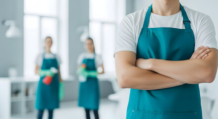 Confident cleaning team leader standing with arms crossed, showcasing professionalism and a commitment to spotless results for your home or office cleaning needs.