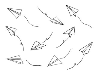 Hand drawn paper airplanes line drawing vector illustration set