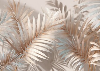 Obraz premium Beige and light teal palm leaves against a light beige backdrop, casting soft shadows