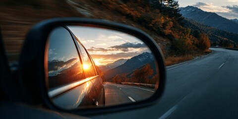 Fototapeta premium Scenic Reflection of Mountains and Road in Car Side Mirror During Sunset