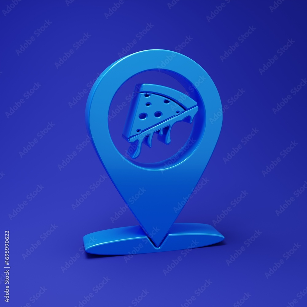 Aufkleber blue map pointer with fast food slice pizza icon isolated on blue background. pizzeria location icon