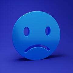 Blue Sad smile icon isolated on blue background. Emoticon face. Minimalism concept. 3D render illustration