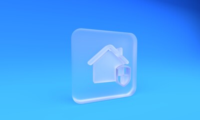 Obraz premium Frosted glass House under protection icon isolated on blue background. Home and shield. Protection, safety, security, protect, defense concept. Square frosted glass button. 3D render illustration