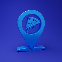 Blue Map pointer with fast food slice pizza icon isolated on blue background. Pizzeria location icon. Pizza cafe and restaurant marker. Minimalism concept. 3D render illustration