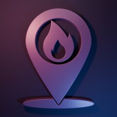 Purple Map pointer with fire flame icon isolated on purple-blue background. Fire nearby. Minimalism concept. 3D render illustration