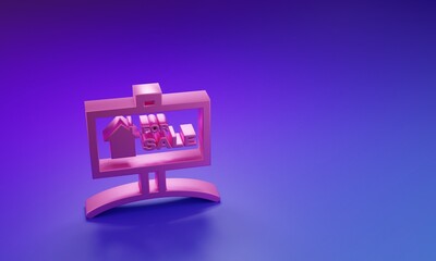 Obraz premium Pink Hanging sign with text For Sale icon isolated on purple-blue background. Signboard with text For Sale. Minimalism concept. 3D render illustration