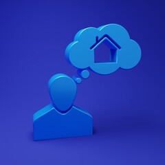 Fototapeta premium Blue Man dreaming about buying a new house icon isolated on blue background. Minimalism concept. 3D render illustration