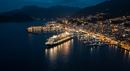 Aerial nighttime view of a cruise ship docked in a brightly lit harbor city.