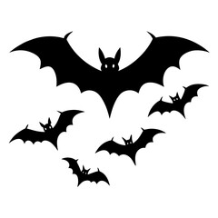 Vector Silhouette of Flying Bats in Different Poses – Halloween Bat Collection Flat Black Style Isolated on White Background