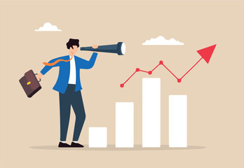 Flat illustration of businessman look through telescope to analyze forecast chart symbolizing leadership vision and prediction