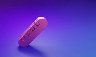 Pink French baguette bread icon isolated on purple-blue background. Minimalism concept. 3D render illustration