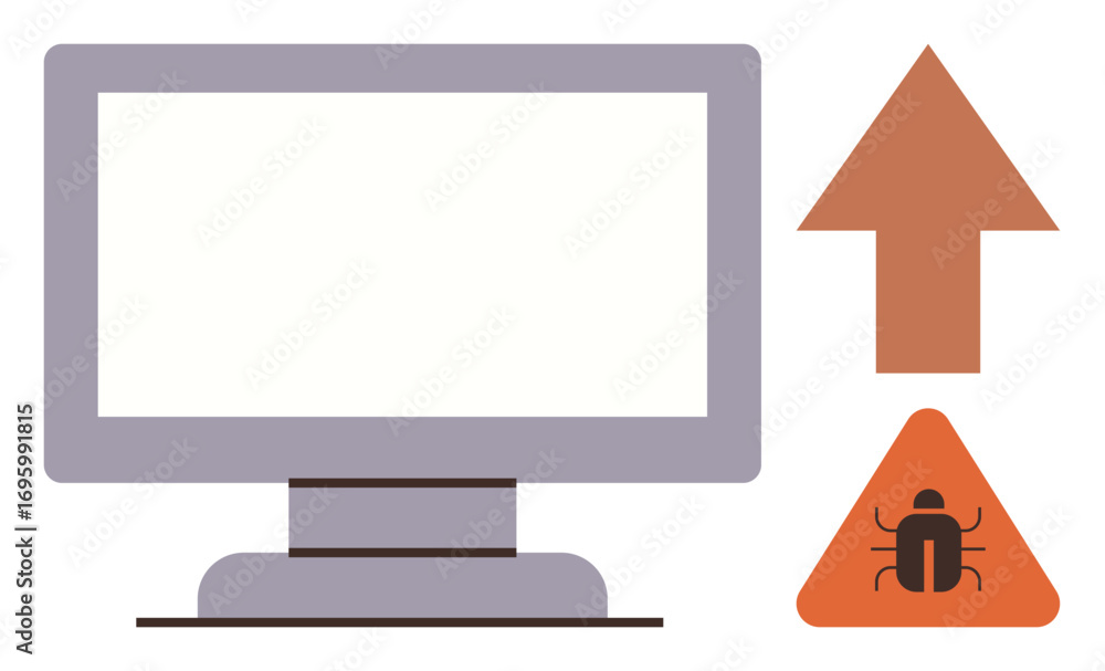 Poster computer monitor alongside triangle bug warning and upward arrow symbolizing cybersecurity risk, mal