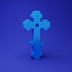 Blue Christian cross icon isolated on blue background. Church cross. Minimalism concept. 3D render illustration