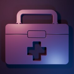 Obraz premium Purple First aid kit icon isolated on purple-blue background. Medical box with cross. Medical equipment for emergency. Healthcare concept. Minimalism concept. 3D render illustration