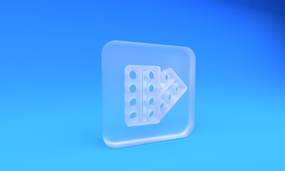 Frosted glass Pills in blister pack icon isolated on blue background. Medical drug package for tablet, vitamin, antibiotic, aspirin. Square frosted glass button. 3D render illustration