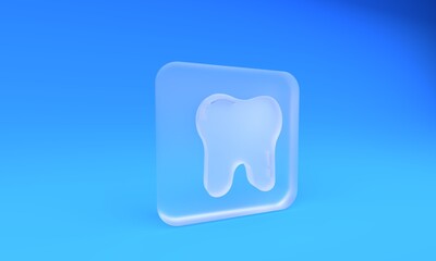 Frosted glass Tooth icon isolated on blue background. Tooth symbol for dentistry clinic or dentist medical center and toothpaste package. Square frosted glass button. 3D render illustration