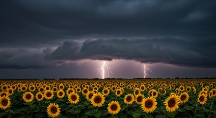 Fototapeta premium 夕焼け空の下、鮮やかなヒマワリ畑に稲妻走る 迫力満点. AI Generated