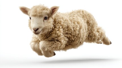 Fototapeta premium Adorable tiny fluffy baby lamb with soft curly wool lying on a white background, cute farm animal in close-up photography for nature or farm themed projects