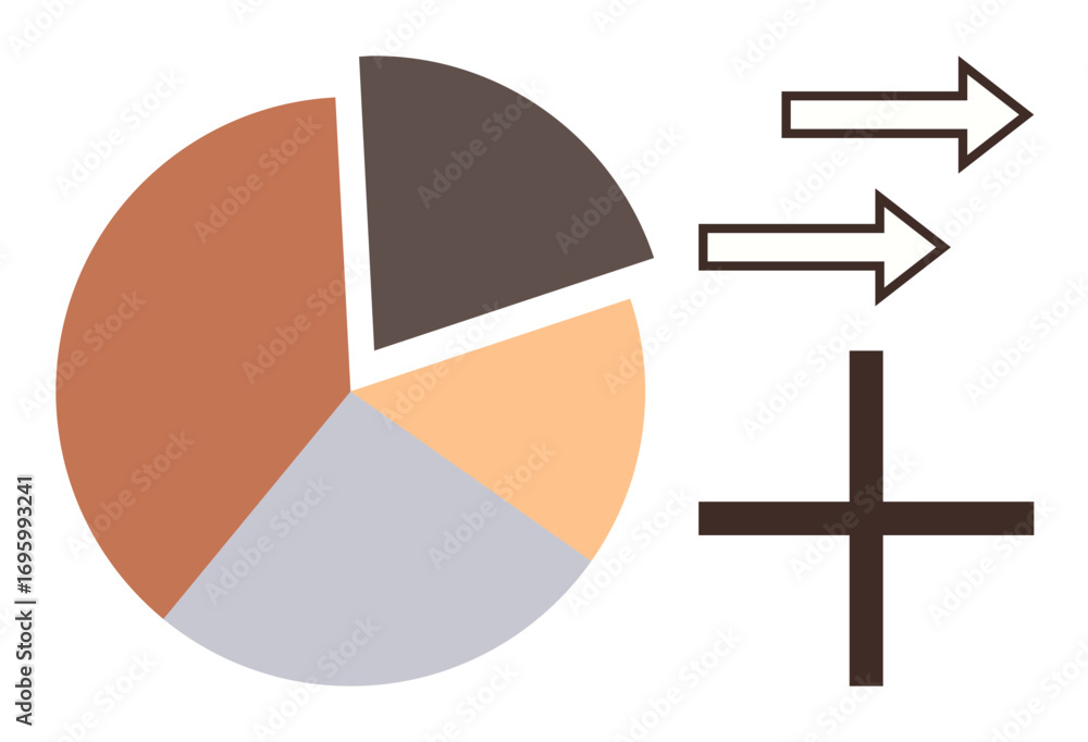 Poster segmented pie chart with arrows pointing forward and a plus sign emphasizing addition, progress, and
