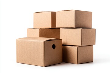 Obraz premium Stack of 6 cardboard boxes one featuring a circular hole casting shadows on a white surface