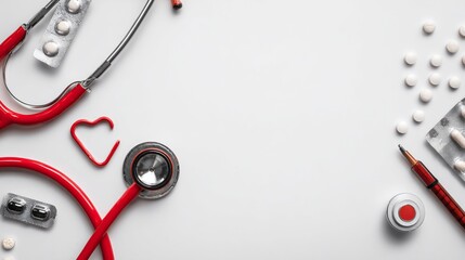 Medical Equipment and Pills on White Surface with Red Stethoscope and Syringe