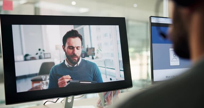 Screen, video call or men in business webinar, training or company introduction for successful integration. Online coaching, communication or people with computer, virtual workshop or presentation