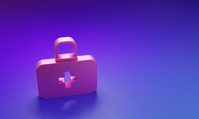 Pink First aid kit icon isolated on purple-blue background. Medical box with cross. Medical equipment for emergency. Healthcare concept. Minimalism concept. 3D render illustration
