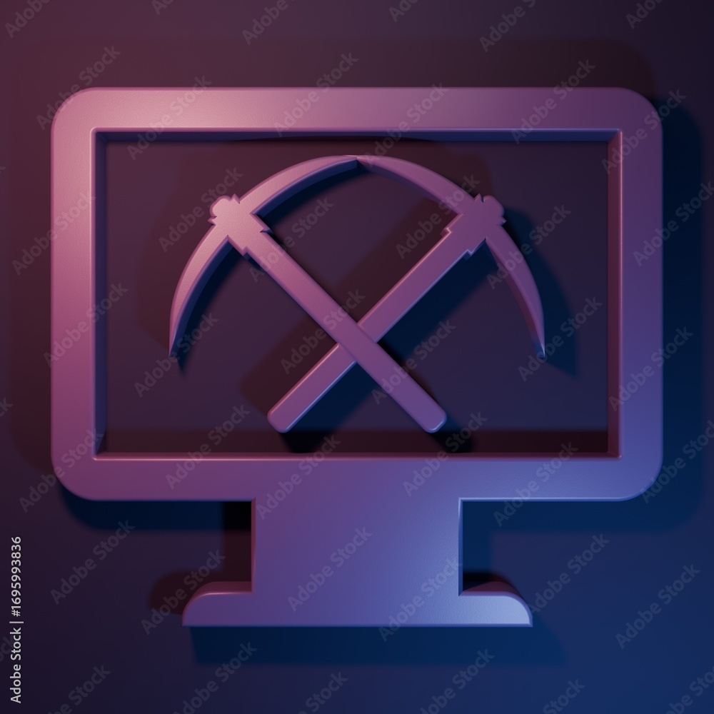 Poster purple mining concept with monitor and pickaxe icon isolated on purple-blue background. blockchain t