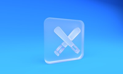 Frosted glass Crossed baseball bat icon isolated on blue background. Square frosted glass button. 3D render illustration