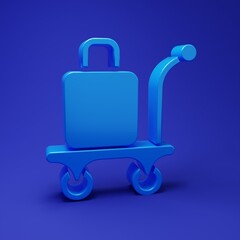Obraz premium Blue Trolley suitcase icon isolated on blue background. Traveling baggage sign. Travel luggage icon. Minimalism concept. 3D render illustration