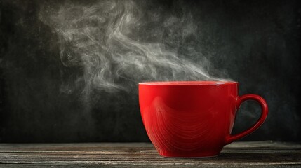 Red Ceramic Coffee Mug with Steam on Wooden Surface Dark Background