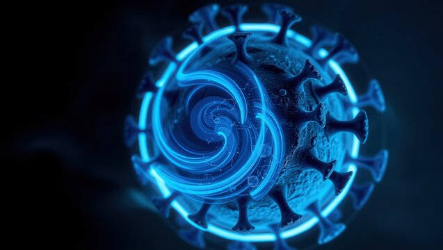 A glowing blue coronavirus cell with swirling energy on a dark background in a digital rendering