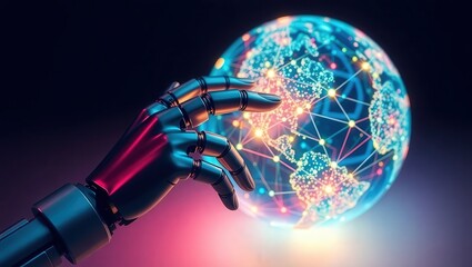 A robotic hand reaching towards a glowing globe with interconnected network lines and bright nodes