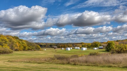 Scenic Rural Landscape with Green Fields and White Hay Bales Under Cloudy Blue Sky