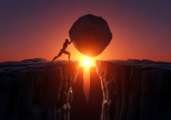 Person Pushing Massive Rock Upward Towards the Sky at Sunset