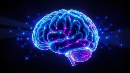 Obraz premium Glowing blue and purple human brain with neural connections on a dark background illustration