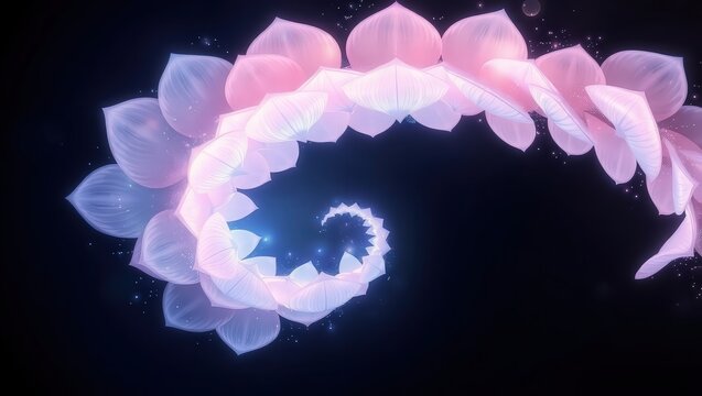 Abstract spiral of pink and white petals against a dark background with sparkling light effects