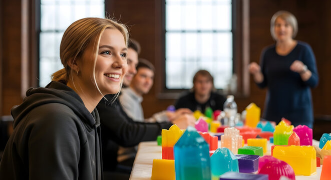 Happy young woman smiling at a crafting workshop colorful soap making class creative hobby learning teamwork collaboration small business entrepreneurship handmade artisan - Powered by Adobe